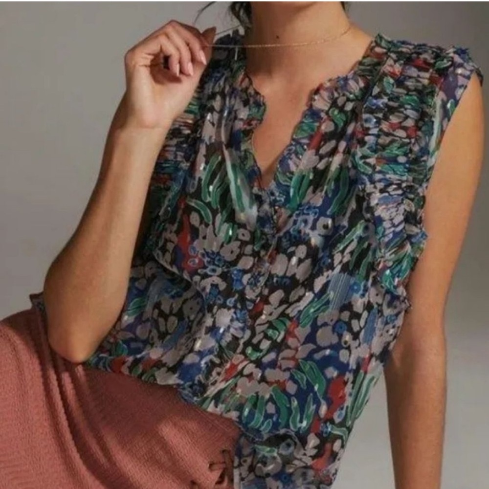 Anthropologie Let Me‎ Be Metallic Sheer Floral Coastal Ruffle Career Top Size XS